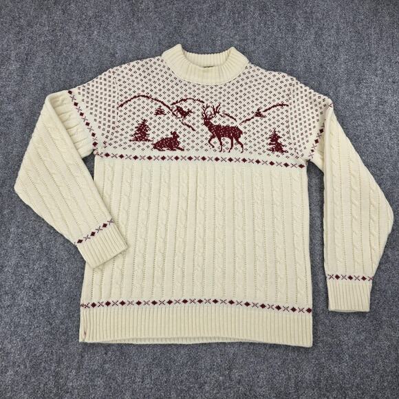 Vintage Jantzen Sweater Mens XL Cream Ski Deer Rabbit Cable Knit USA Winter 70's